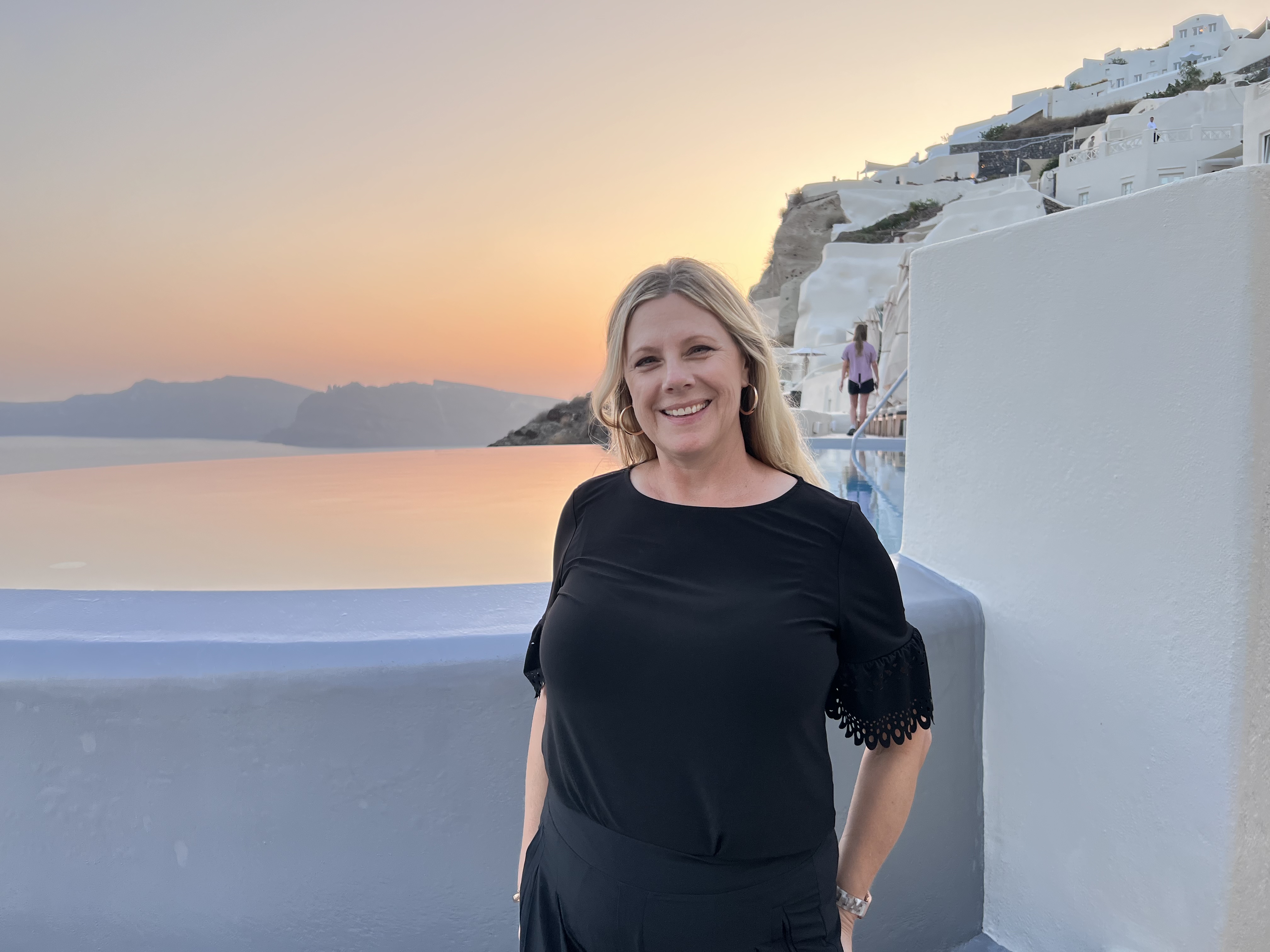 Lynette in Santorini at sunset