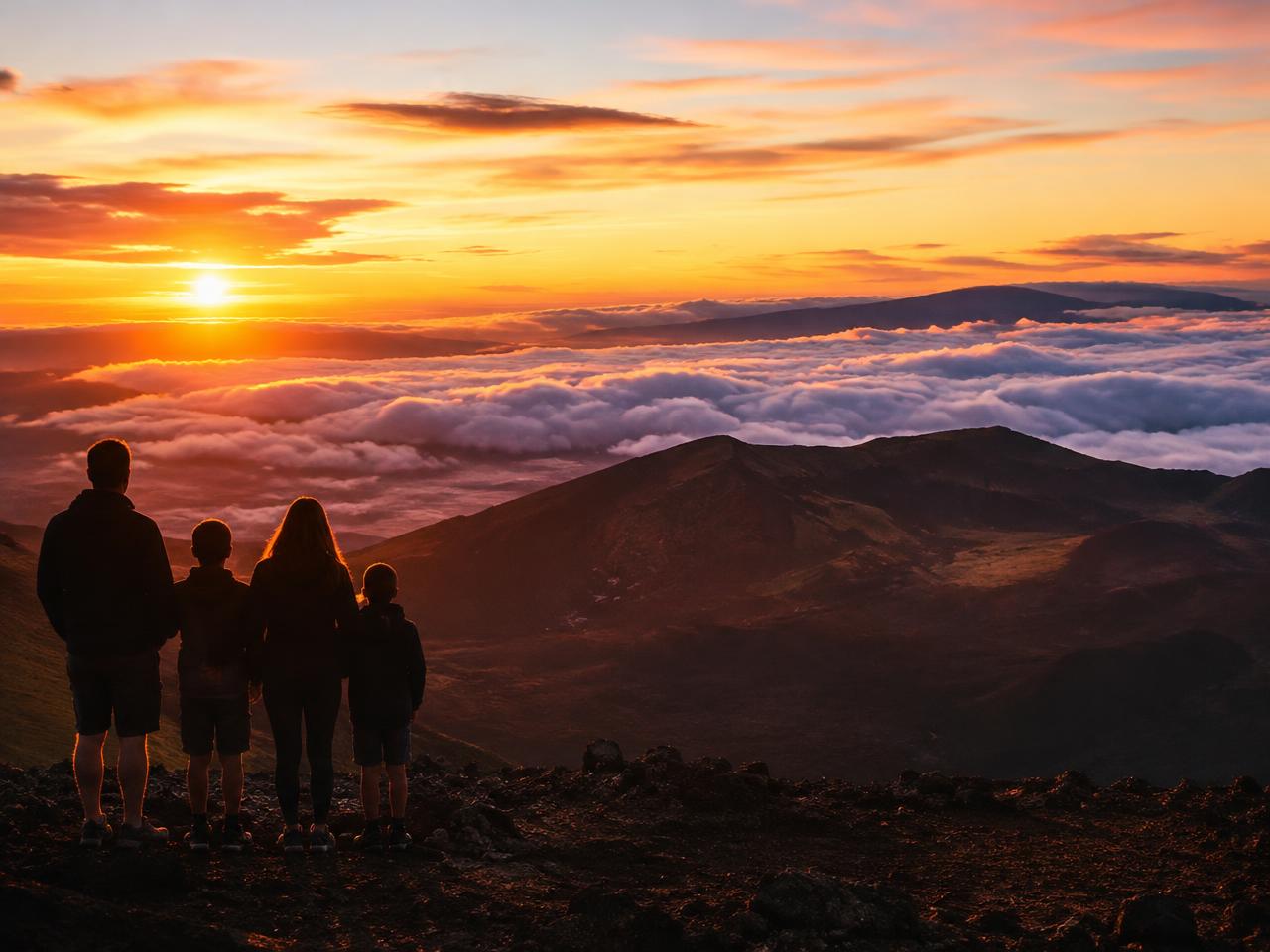 A family watching sunrise above the clouds on Maui